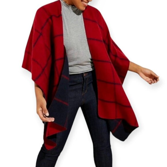 Ann Taylor Loft Plaid Reversible Red Navy Blanket Scarf NWT - Picture 2 of 9